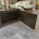 Sophisticated TV Stand with Dark Marble Top, Natural Wood Veneer Panels and Concealed Storage Drawers